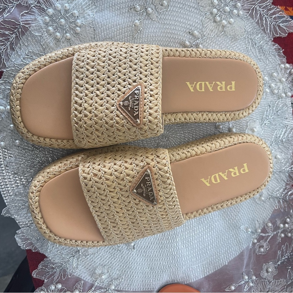 Prada Beige Woven Slide Sandals with Triangle Logo